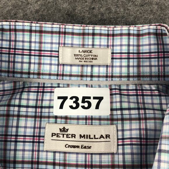 Peter Millar Mens Button Up Shirt Large Blue Pink Plaid Crown Ease Long Sleeve - Picture 9 of 9